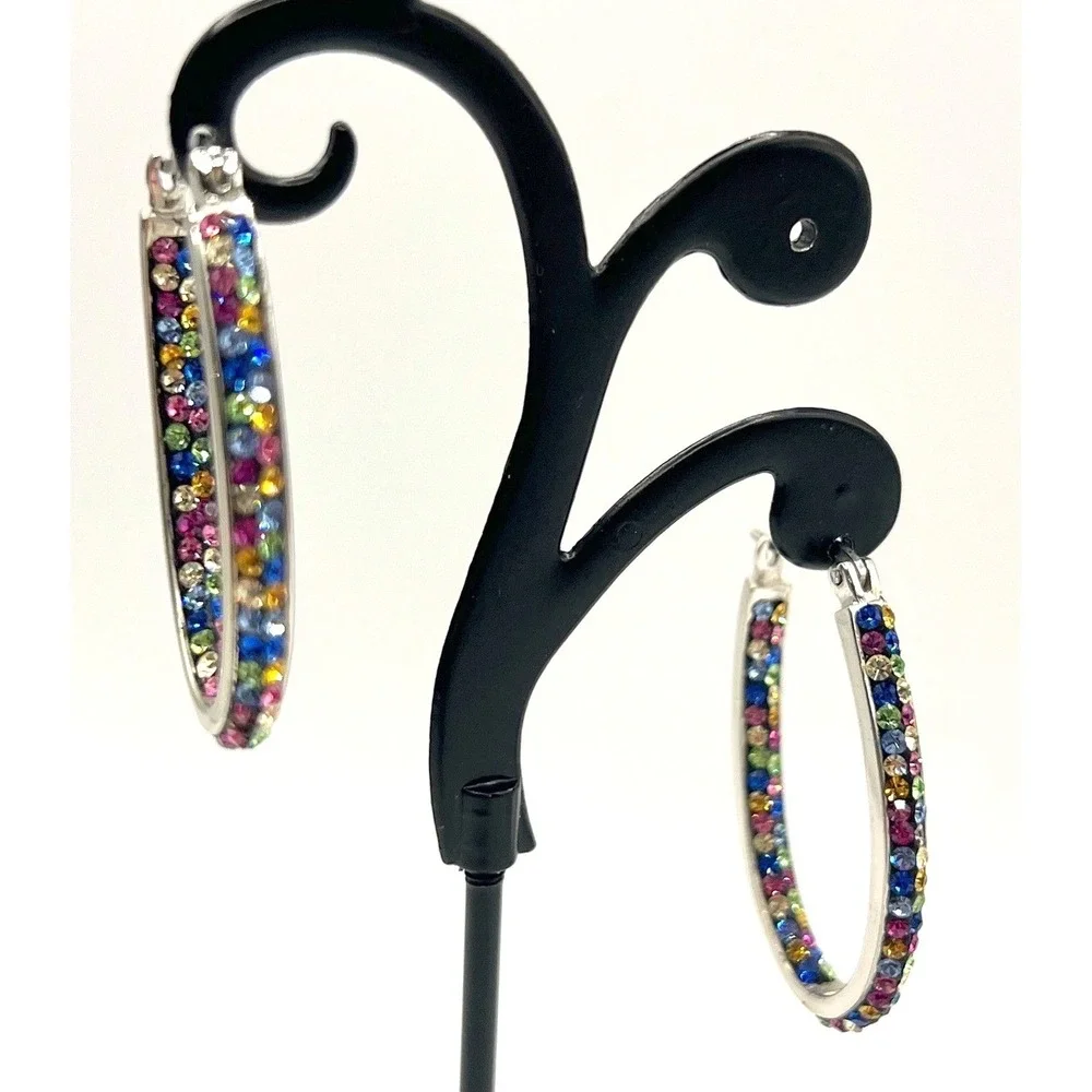 Multicolor Rhinestone‎ Hoop Earrings Silver Tone Channel Set Signed Brass Slim